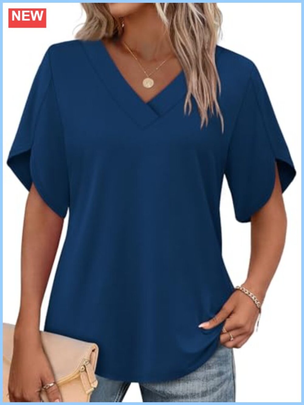 Women's V-Neck Short Sleeve T-Shirt with Petal Sleeve, Loose Fit, Versatile